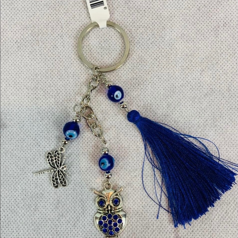 Brand New Owl/Dragonfly Keychain with blue tassel